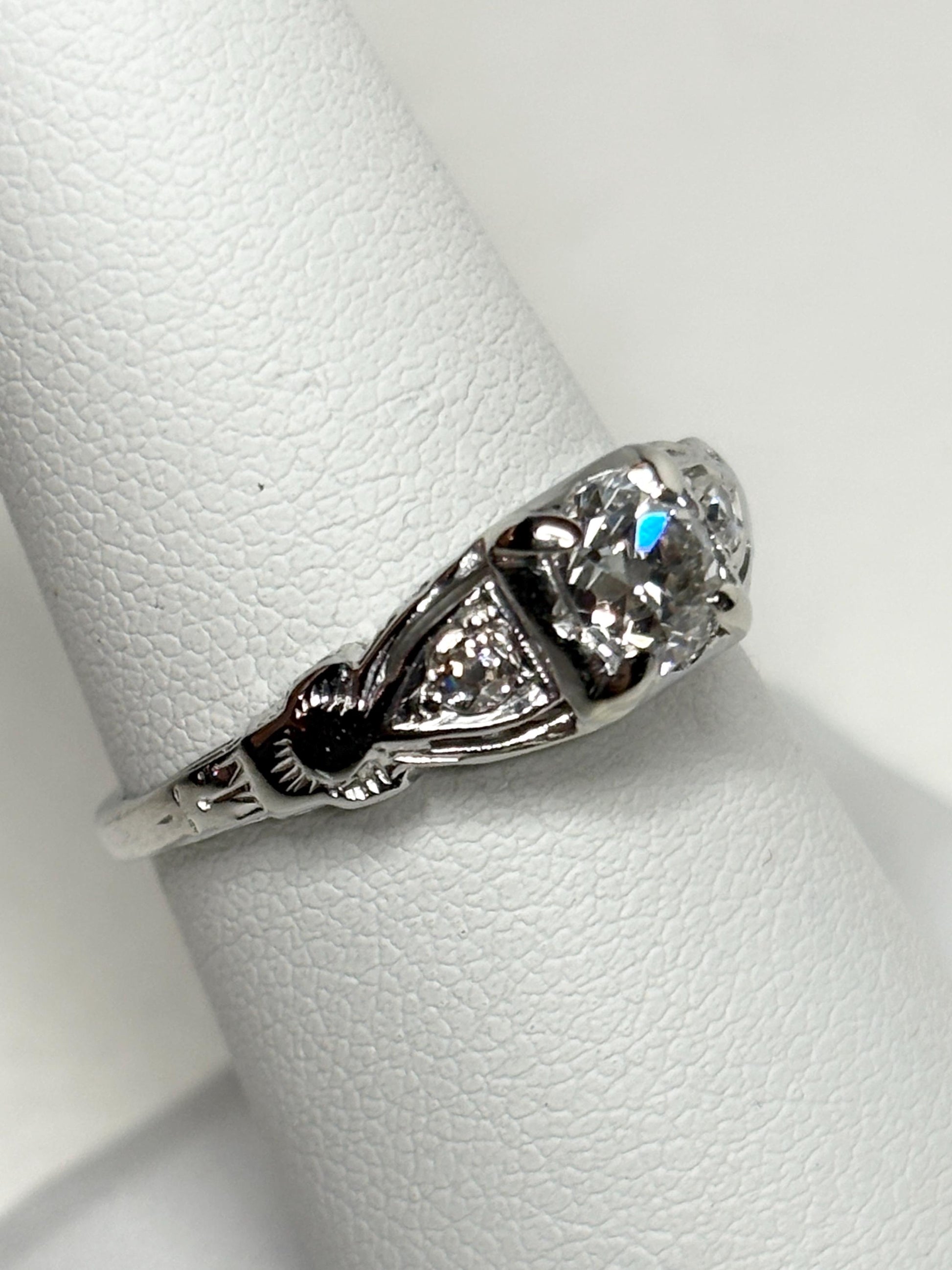 Art Deco Old Miner's Cut Diamond Trilogy Ring in Solid 18k White Gold size 7.25 - NewLifeJewelryVault