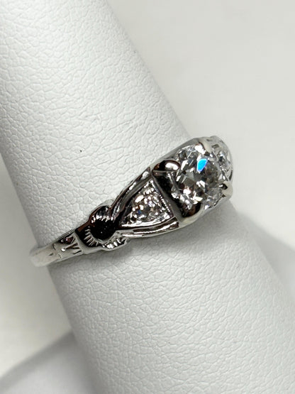Art Deco Old Miner's Cut Diamond Trilogy Ring in Solid 18k White Gold size 7.25 - NewLifeJewelryVault