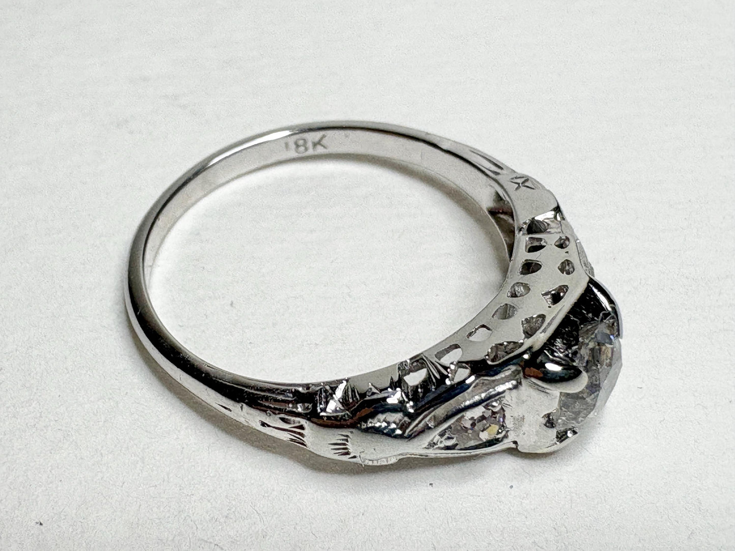 Art Deco Old Miner's Cut Diamond Trilogy Ring in Solid 18k White Gold size 7.25 - NewLifeJewelryVault