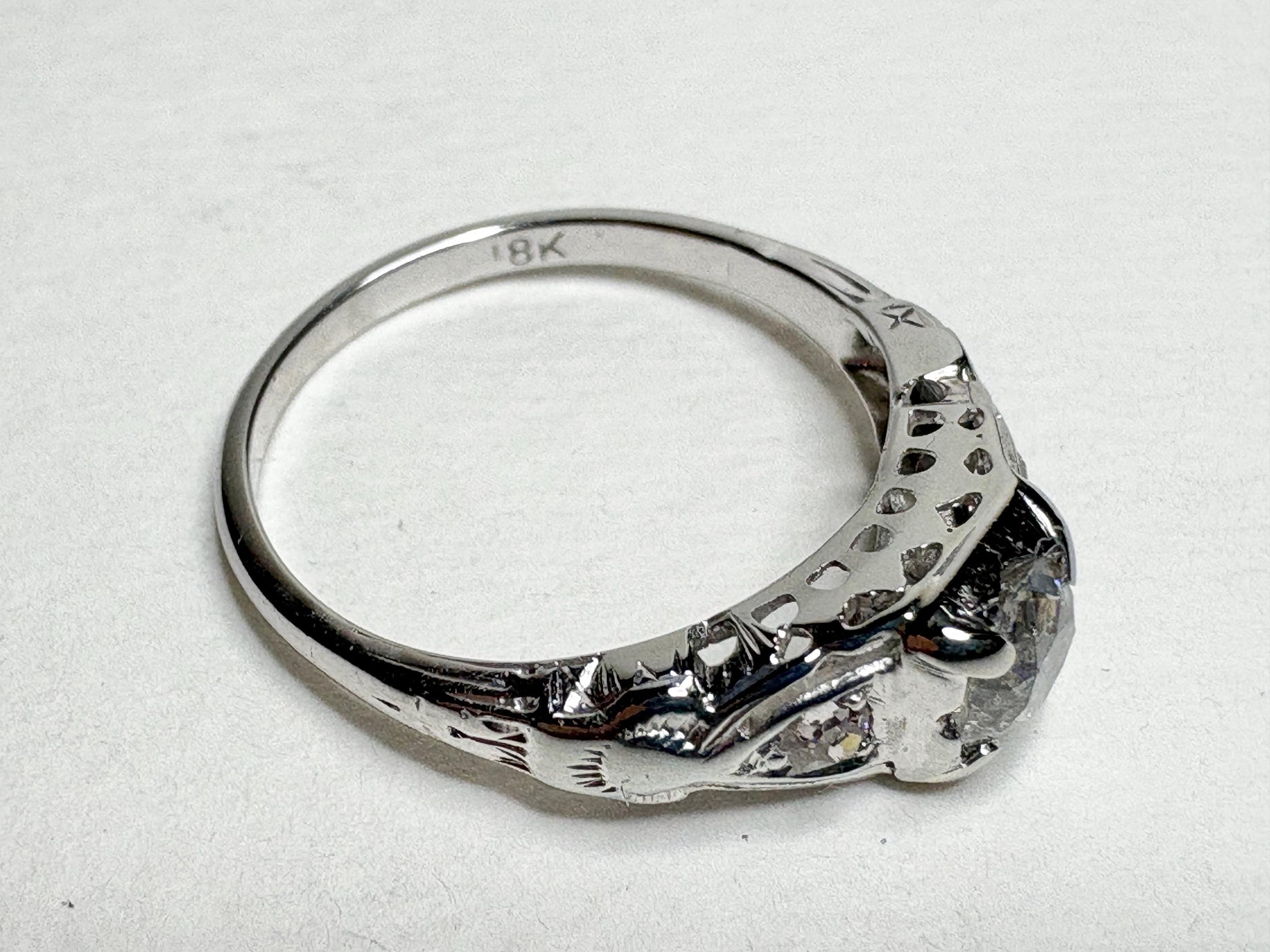 Art Deco Old Miner's Cut Diamond Trilogy Ring in Solid 18k White Gold size 7.25 - NewLifeJewelryVault