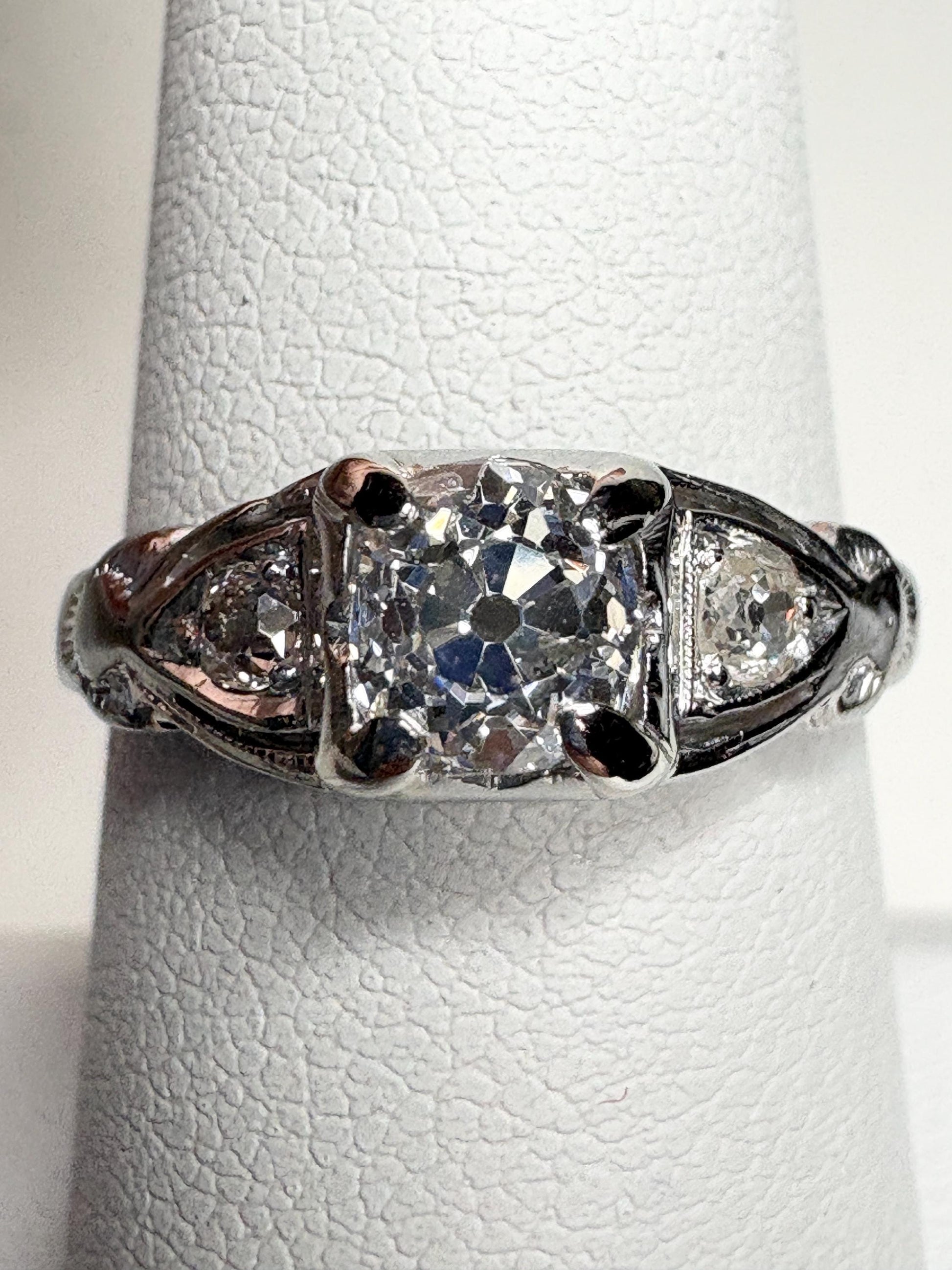 Art Deco Old Miner's Cut Diamond Trilogy Ring in Solid 18k White Gold size 7.25 - NewLifeJewelryVault