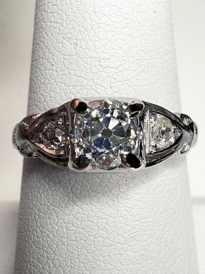 Art Deco Old Miner's Cut Diamond Trilogy Ring in Solid 18k White Gold size 7.25 - NewLifeJewelryVault