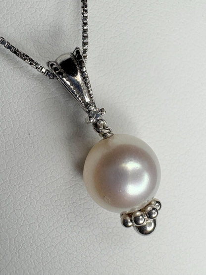 Akoya Cultured Pearl and Diamond Pendant Necklace in Sterling Silver 18" - NewLifeJewelryVault