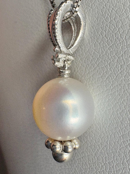 Akoya Cultured Pearl and Diamond Pendant Necklace in Sterling Silver 18" - NewLifeJewelryVault