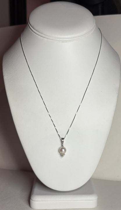 Akoya Cultured Pearl and Diamond Pendant Necklace in Sterling Silver 18" - NewLifeJewelryVault