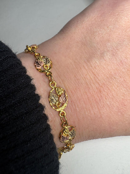 Black Hills Gold Solid 12k Gold Leaves on GF Bracelet 7.3" - NewLifeJewelryVault