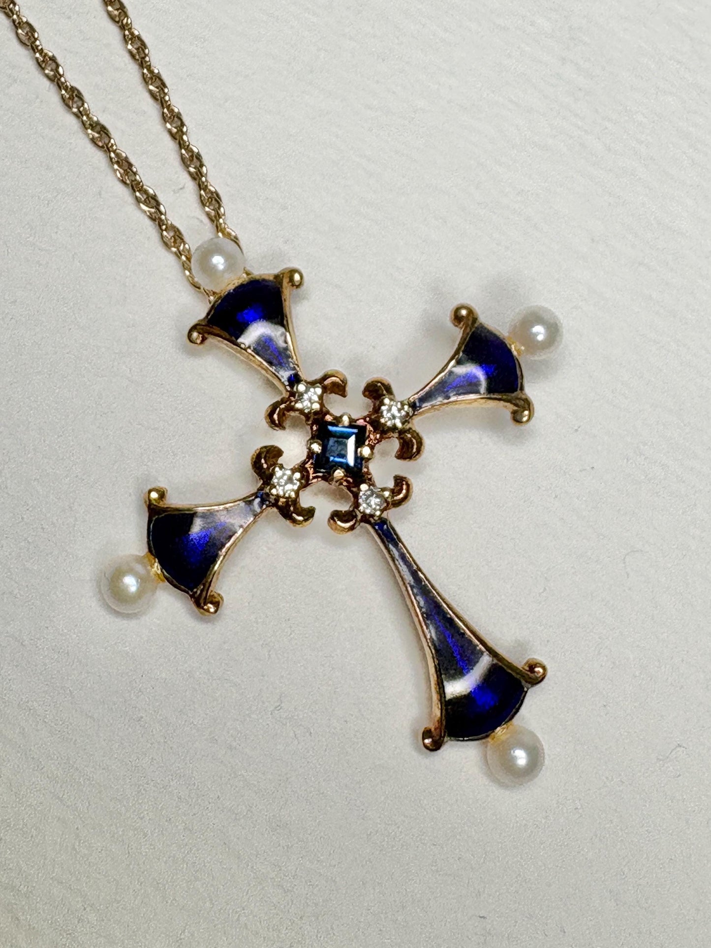 Blue House of Igor Carl Faberge Cross Pendant Necklace Akoya Pearl, Sapphire, Diamond, Guilloche in Solid 14k Gold 18" - NewLifeJewelryVault