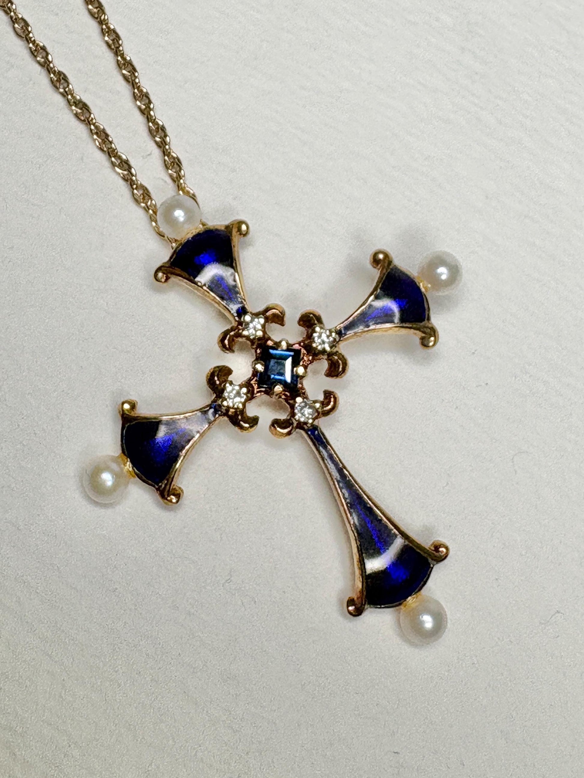 Blue House of Igor Carl Faberge Cross Pendant Necklace Akoya Pearl, Sapphire, Diamond, Guilloche in Solid 14k Gold 18" - NewLifeJewelryVault