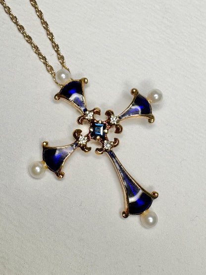 Blue House of Igor Carl Faberge Cross Pendant Necklace Akoya Pearl, Sapphire, Diamond, Guilloche in Solid 14k Gold 18" - NewLifeJewelryVault