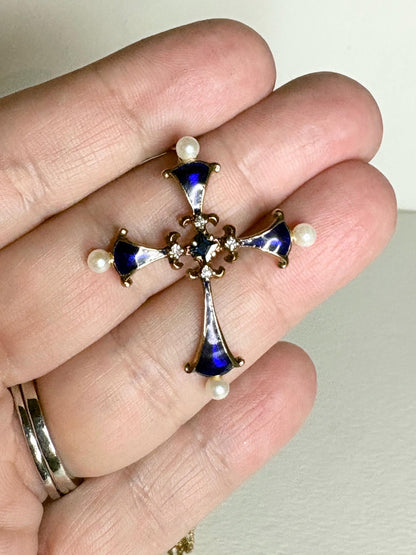 Blue House of Igor Carl Faberge Cross Pendant Necklace Akoya Pearl, Sapphire, Diamond, Guilloche in Solid 14k Gold 18" - NewLifeJewelryVault