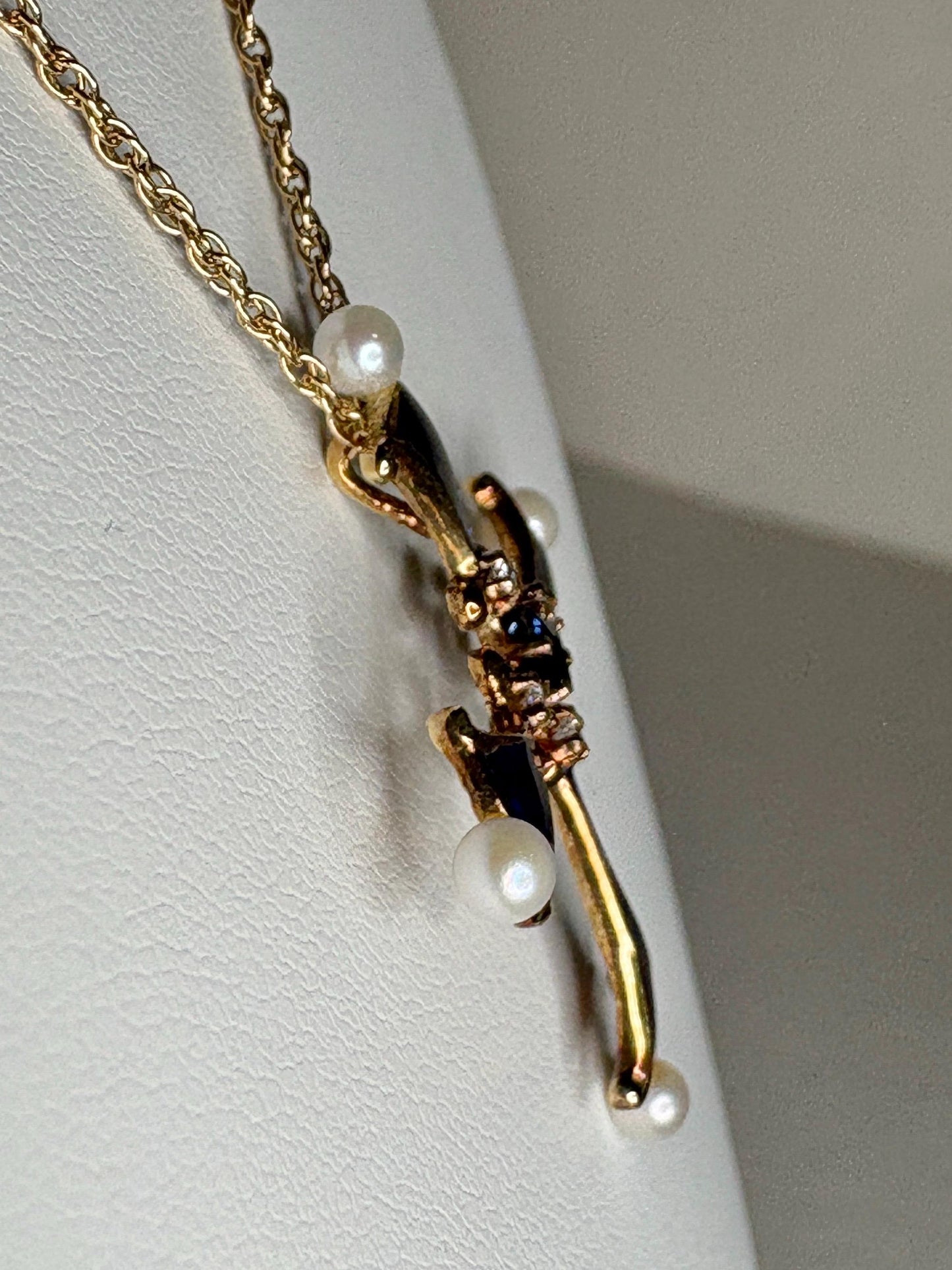 Blue House of Igor Carl Faberge Cross Pendant Necklace Akoya Pearl, Sapphire, Diamond, Guilloche in Solid 14k Gold 18" - NewLifeJewelryVault