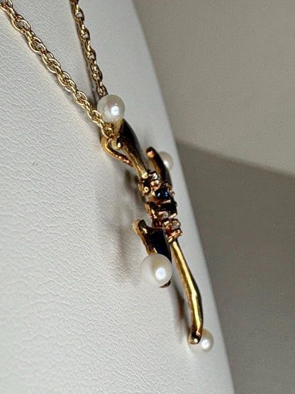 Blue House of Igor Carl Faberge Cross Pendant Necklace Akoya Pearl, Sapphire, Diamond, Guilloche in Solid 14k Gold 18" - NewLifeJewelryVault