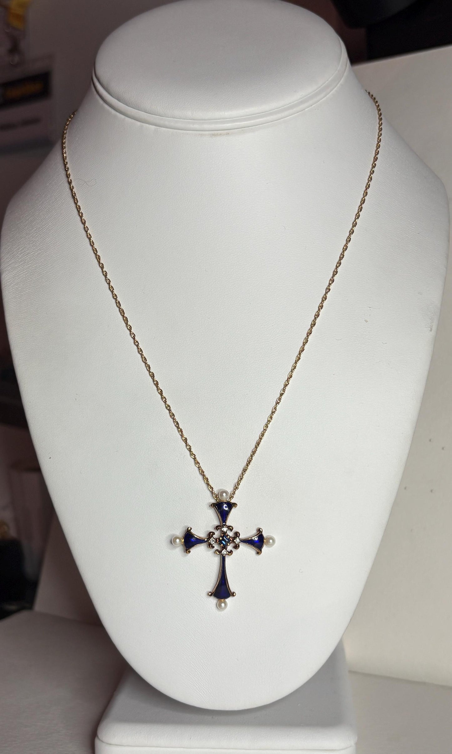 Blue House of Igor Carl Faberge Cross Pendant Necklace Akoya Pearl, Sapphire, Diamond, Guilloche in Solid 14k Gold 18" - NewLifeJewelryVault
