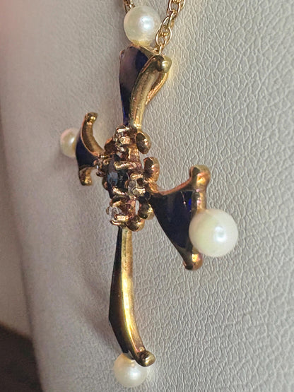 Blue House of Igor Carl Faberge Cross Pendant Necklace Akoya Pearl, Sapphire, Diamond, Guilloche in Solid 14k Gold 18" - NewLifeJewelryVault