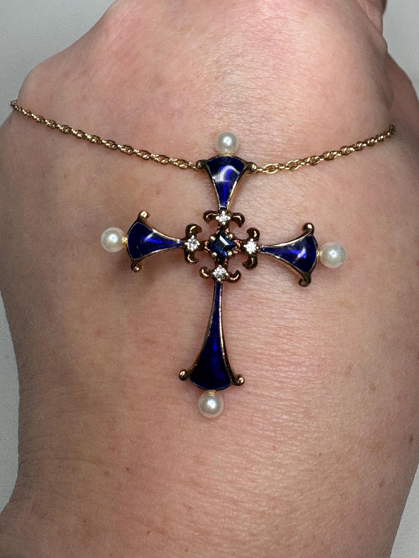 Blue House of Igor Carl Faberge Cross Pendant Necklace Akoya Pearl, Sapphire, Diamond, Guilloche in Solid 14k Gold 18" - NewLifeJewelryVault