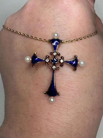 Blue House of Igor Carl Faberge Cross Pendant Necklace Akoya Pearl, Sapphire, Diamond, Guilloche in Solid 14k Gold 18" - NewLifeJewelryVault