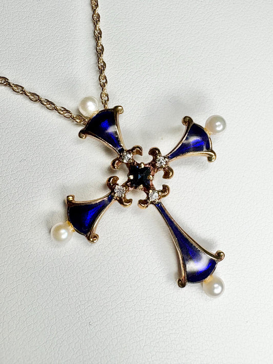 Blue House of Igor Carl Faberge Cross Pendant Necklace Akoya Pearl, Sapphire, Diamond, Guilloche in Solid 14k Gold 18" - NewLifeJewelryVault