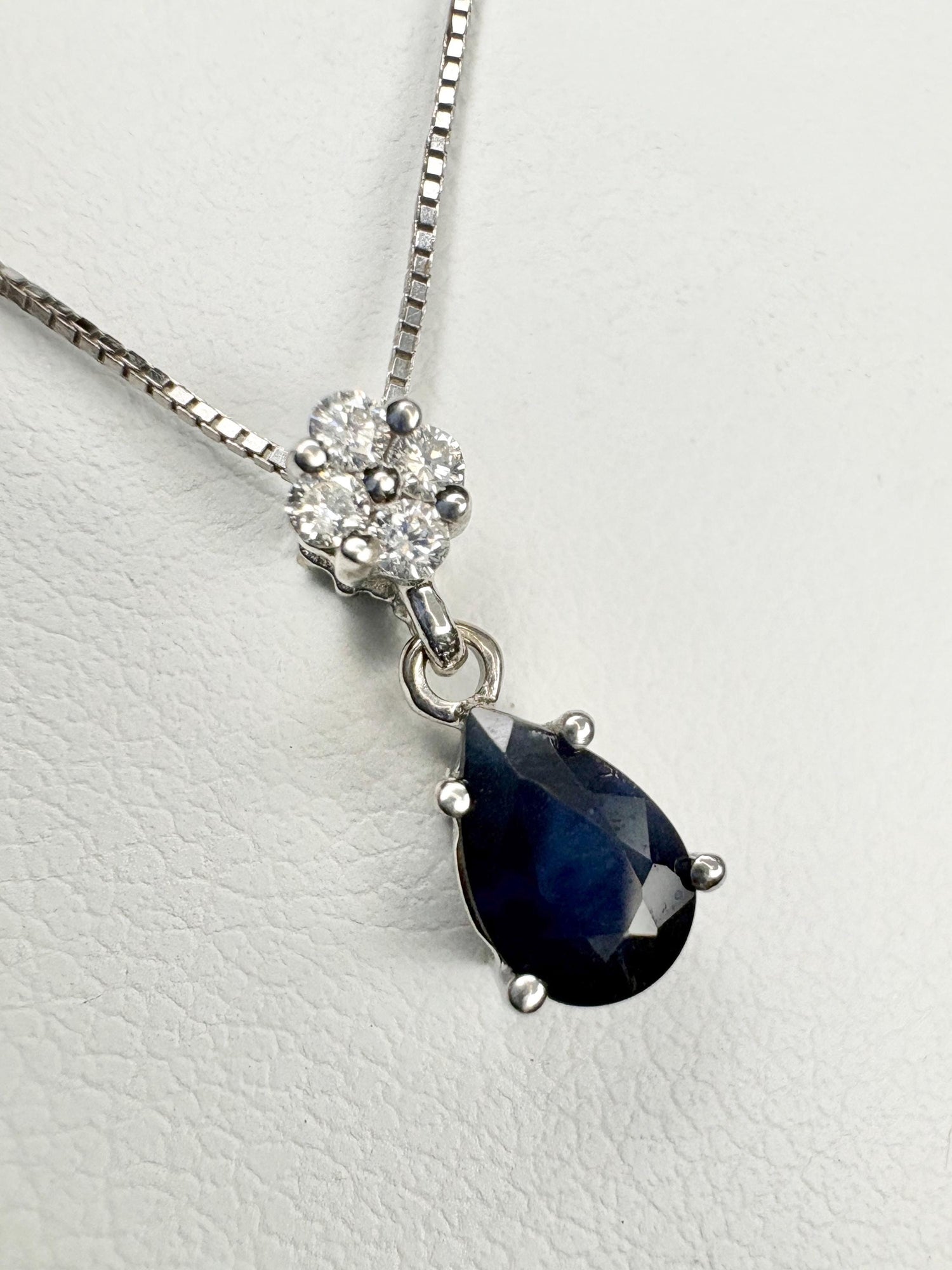 Sapphire and Diamond Pear Pendant Necklace Solid 14k and 10k White Gold 18" - NewLifeJewelryVault