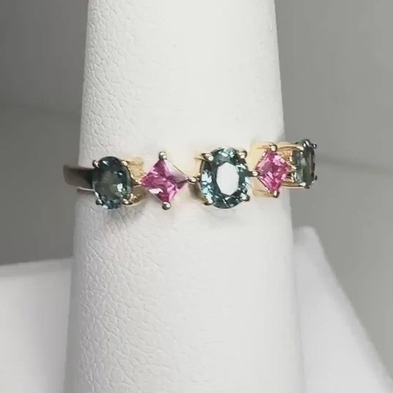 Steel Blue and Pink Sapphire Multi Color Band Ring in Solid 9k Gold size 7