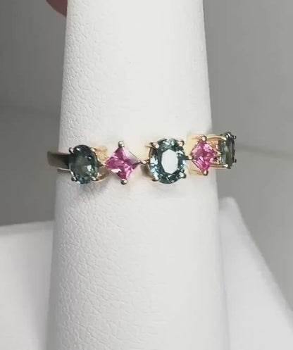 Steel Blue and Pink Sapphire Multi Color Band Ring in Solid 9k Gold size 7