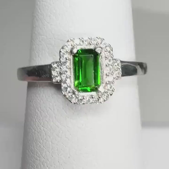 Chrome Diopside and Zircon Halo Ring in Sterling Silver size 7 PLEASE READ