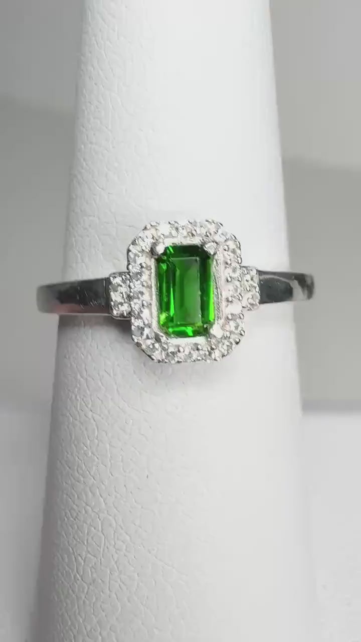 Chrome Diopside and Zircon Halo Ring in Sterling Silver size 7 PLEASE READ