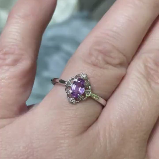 Natural pinkish-purple sapphire and diamonds set in sterling silver band ring size 8 1/4