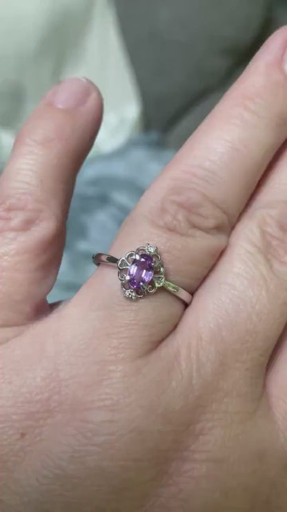 Natural pinkish-purple sapphire and diamonds set in sterling silver band ring size 8 1/4