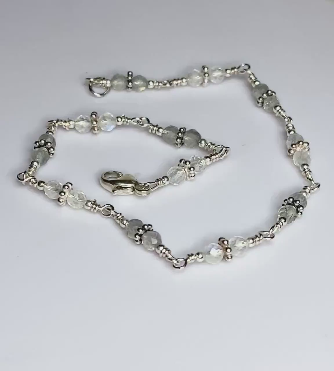 Blue Sheen Moonstone and Labradorite Sterling silver beaded bracelet 8”