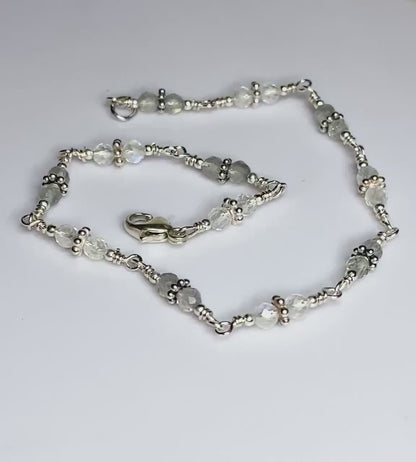 Blue Sheen Moonstone and Labradorite Sterling silver beaded bracelet 8”