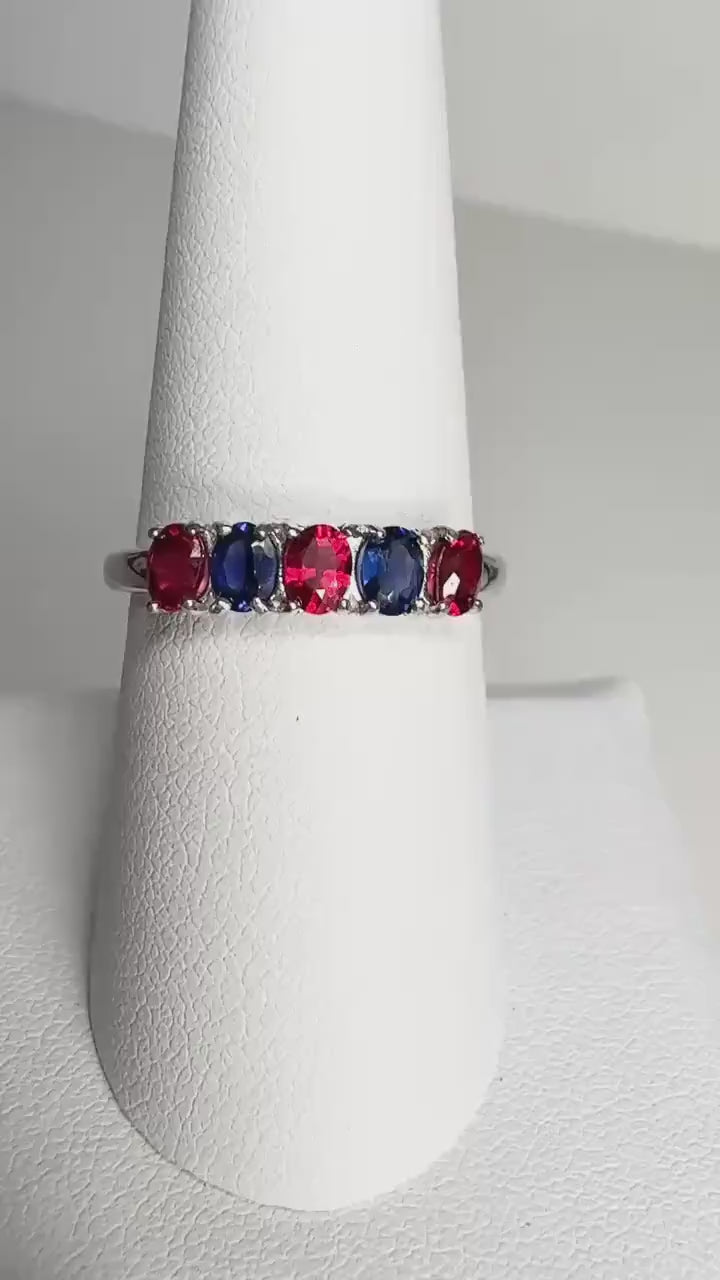 Natural Red and Blue Sapphire High Quality Band Ring in Sterling Silver size 8