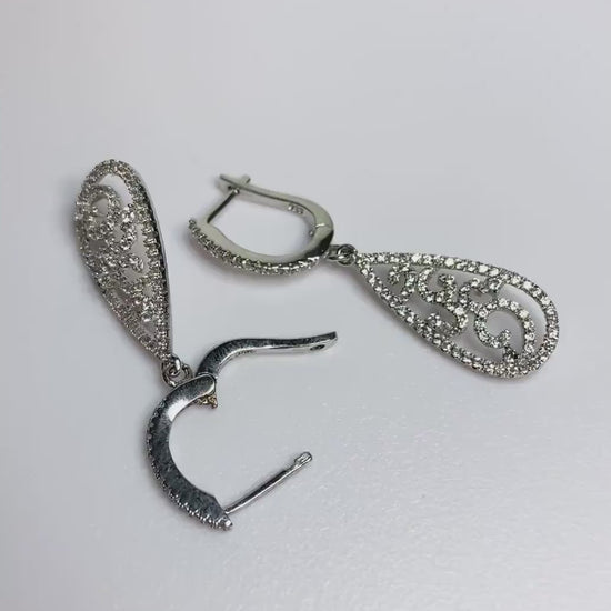 Pave tear shaped earrings dangle drop lever back sterling silver
