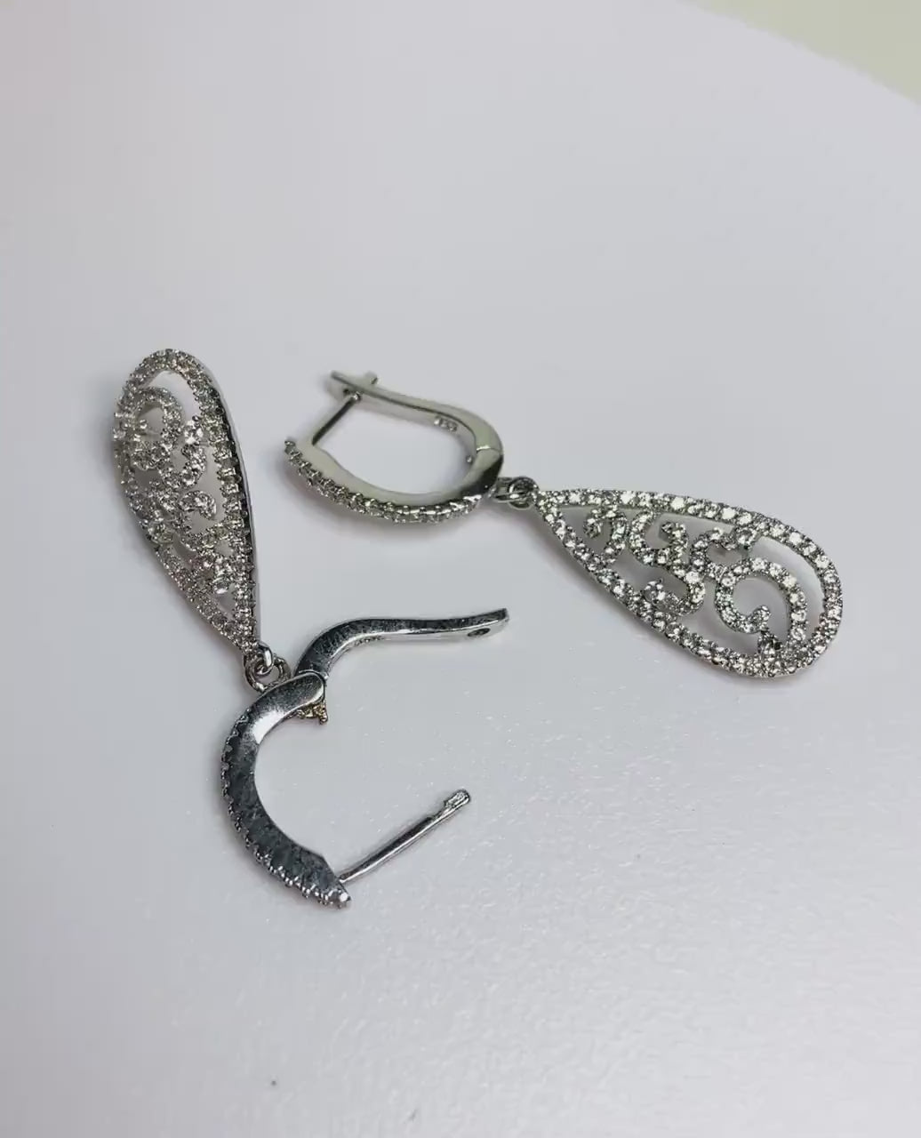 Pave tear shaped earrings dangle drop lever back sterling silver