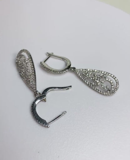 Pave tear shaped earrings dangle drop lever back sterling silver
