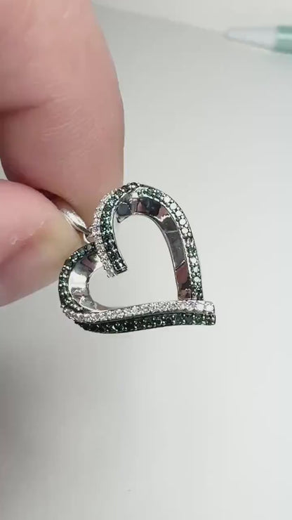 Natural Blue and White Diamond Heart Pendant Necklace in Sterling Silver 18" PLEASE READ