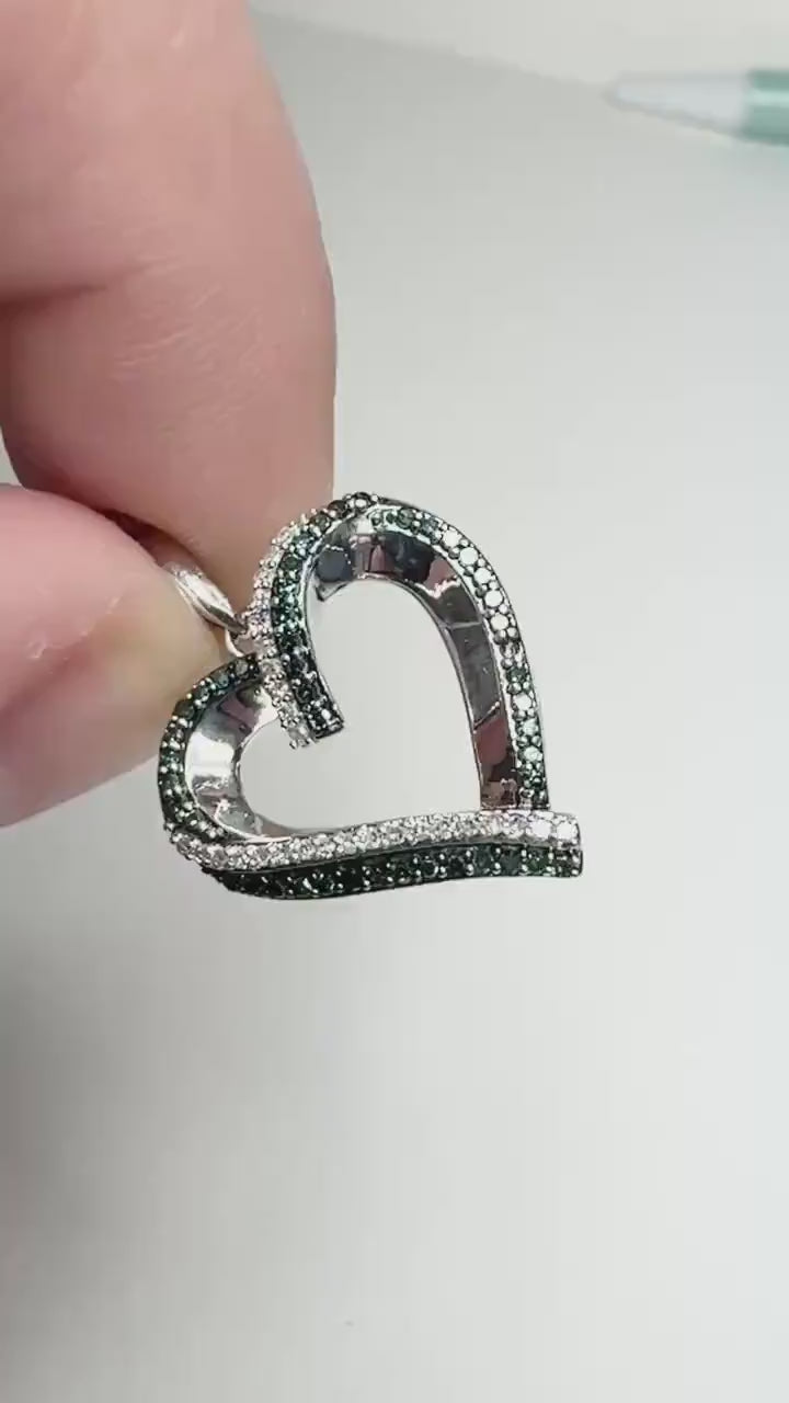 Natural Blue and White Diamond Heart Pendant Necklace in Sterling Silver 18" PLEASE READ