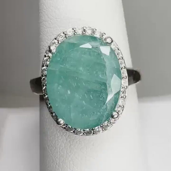 Large Grandidierite and Zircon Halo Ring in Sterling Silver size 8