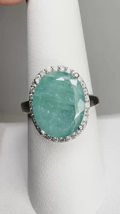 Large Grandidierite and Zircon Halo Ring in Sterling Silver size 8