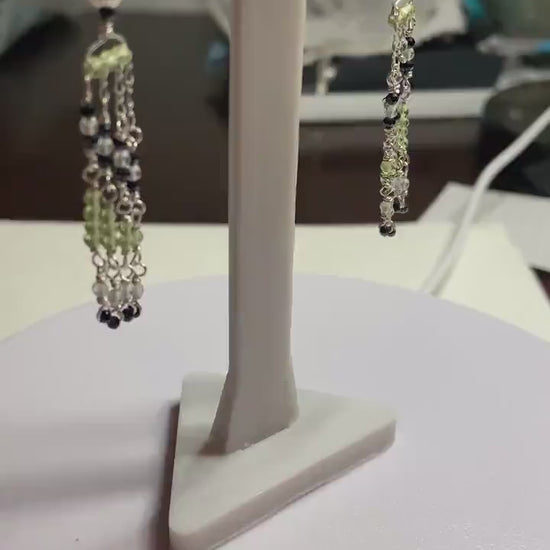 Natural back diamond  and peridot beaded fringe dangle drop earrings sterling silver