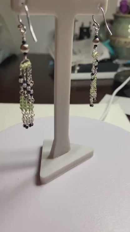 Natural back diamond  and peridot beaded fringe dangle drop earrings sterling silver