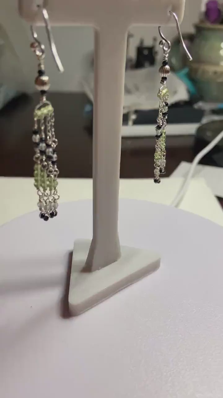 Natural back diamond  and peridot beaded fringe dangle drop earrings sterling silver