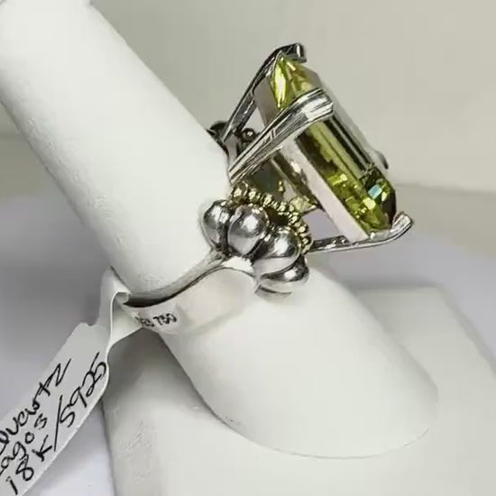 Large Lagos Caviar Glacier Lemon Quartz Ring Solid 18k Gold and Sterling Silver size 7