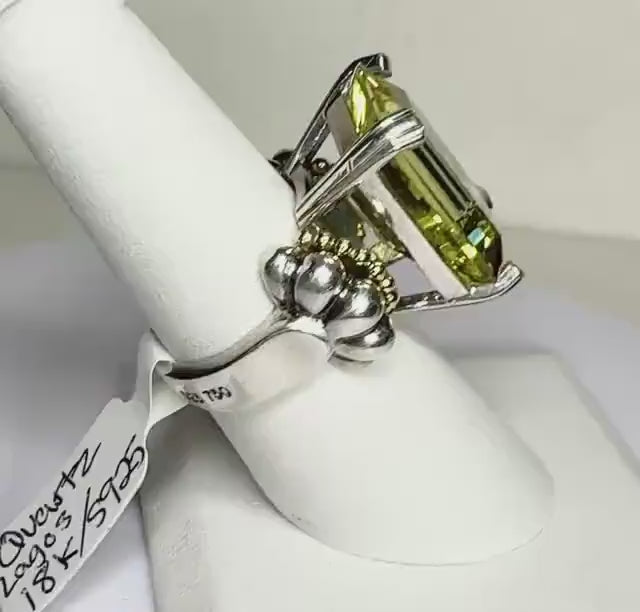 Large Lagos Caviar Glacier Lemon Quartz Ring Solid 18k Gold and Sterling Silver size 7