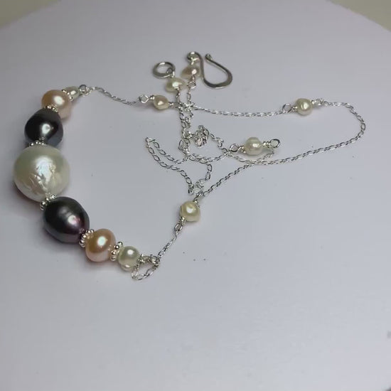 Fresh wanter pearl multi-colored sterling silver beaded station necklace