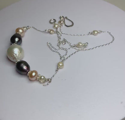 Fresh wanter pearl multi-colored sterling silver beaded station necklace