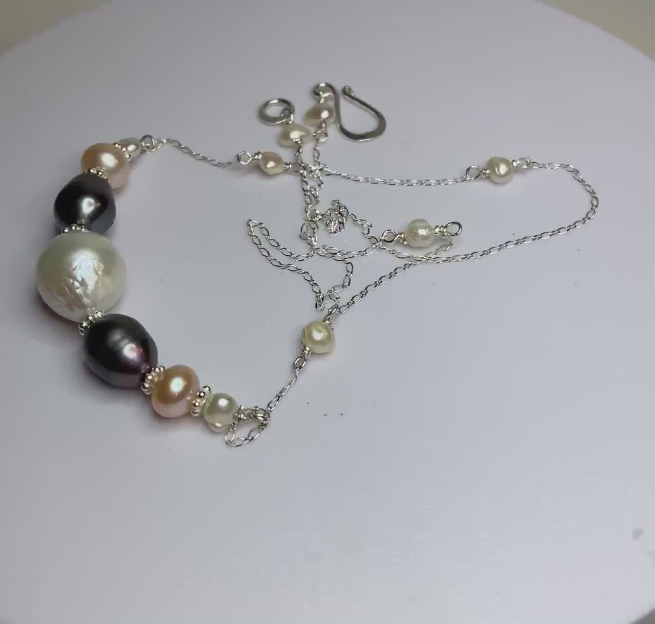 Fresh wanter pearl multi-colored sterling silver beaded station necklace