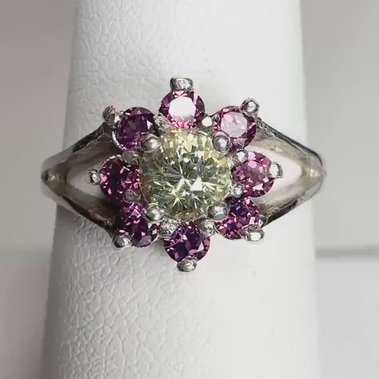 Mali Grossular Andradite and Rhodolite Garnet Daisy Halo Ring in Sterling Silver size 8