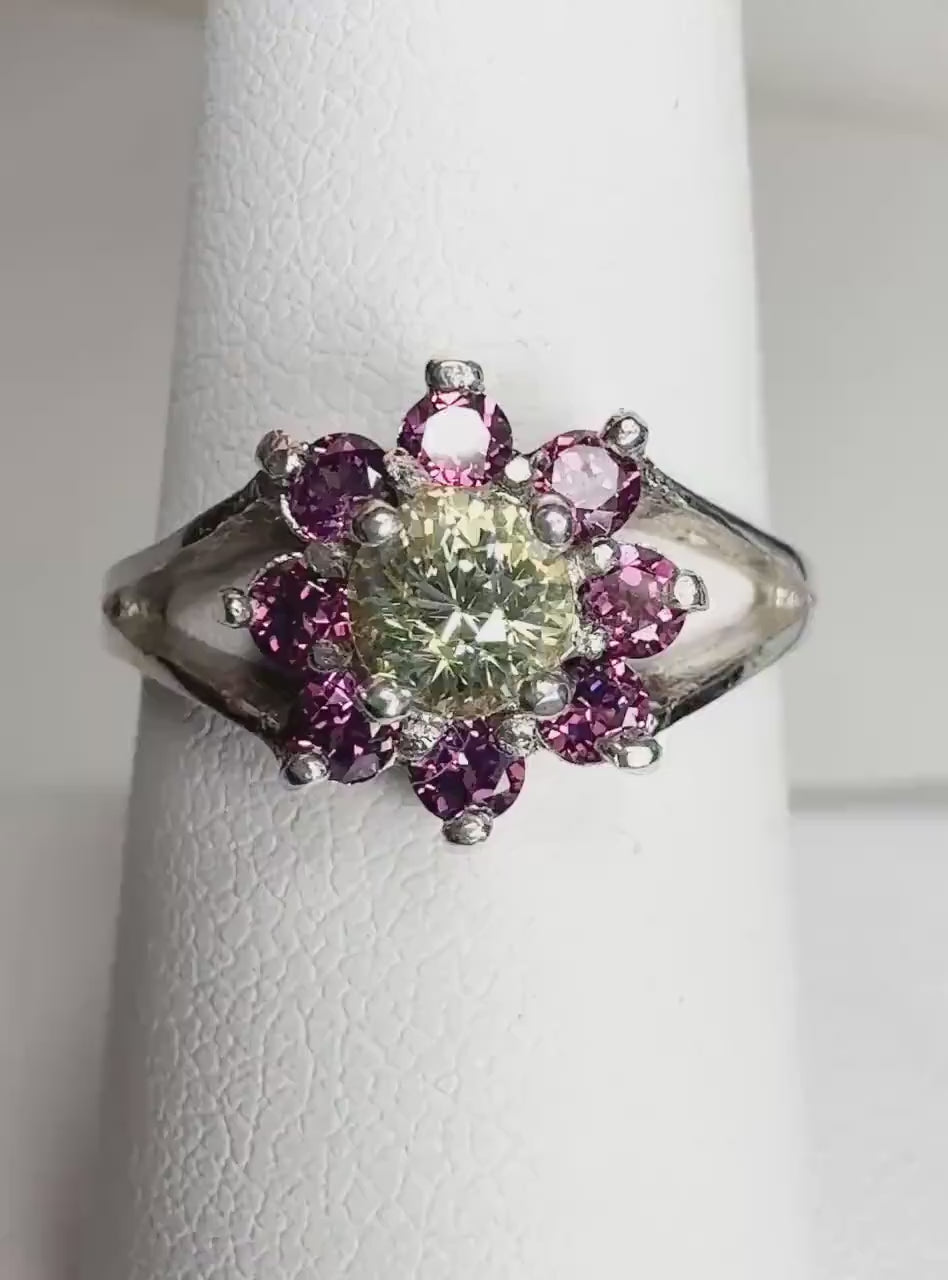 Mali Grossular Andradite and Rhodolite Garnet Daisy Halo Ring in Sterling Silver size 8