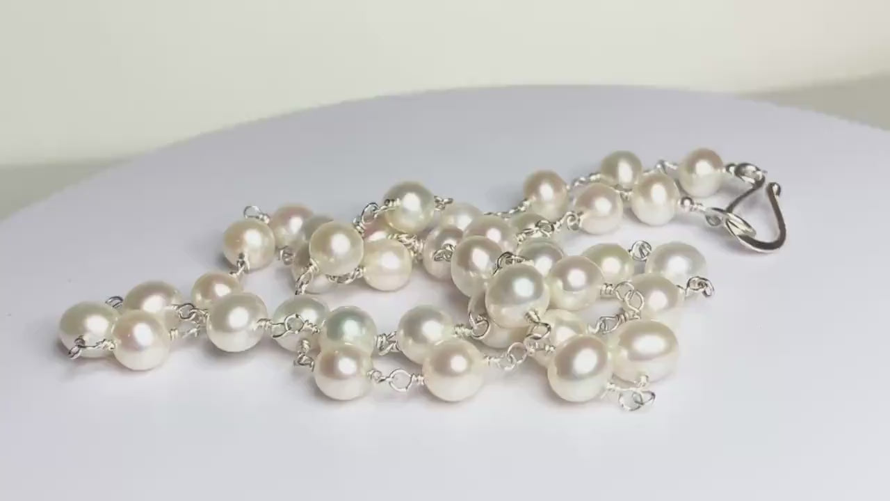 Lustrous Genuine Cultured Freshwater Pearl necklace in solid sterling silver 19”
