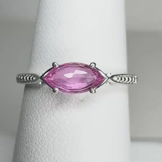 Natural Pink Sapphire Marquise Solitaire East West Set Ring in Sterling Silver size 7